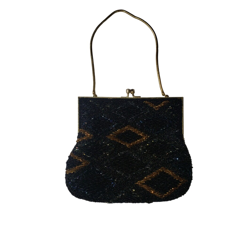 VINTAGE Walborg Black Gold Hand Beaded Purse Evening Handbag